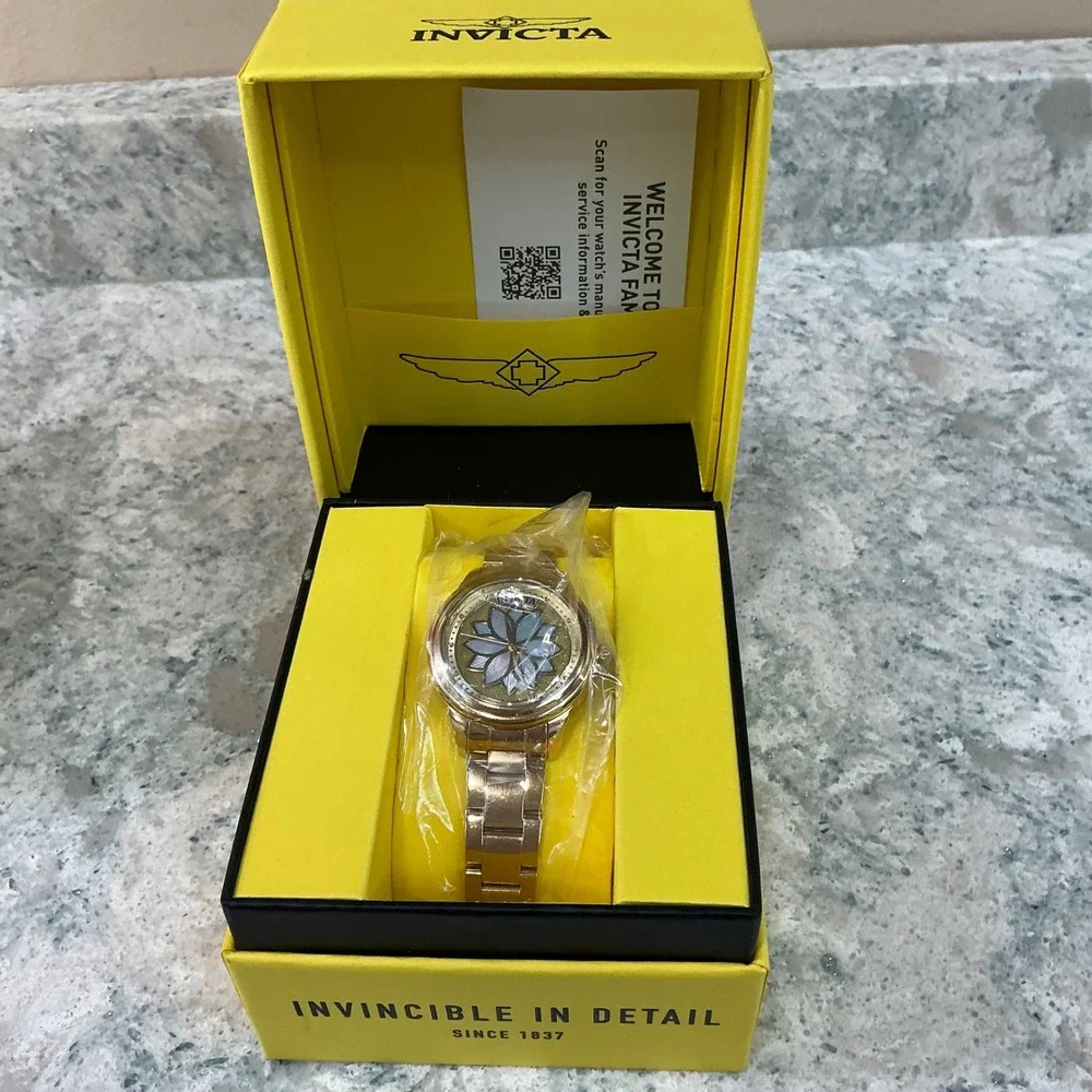 Invicta Watch Angel 37085 OS Gold Blue Floral Mother of Pearl Stainless Steel